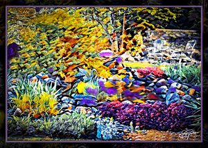 BLUE HERON IN A FANCIFUL GARDEN